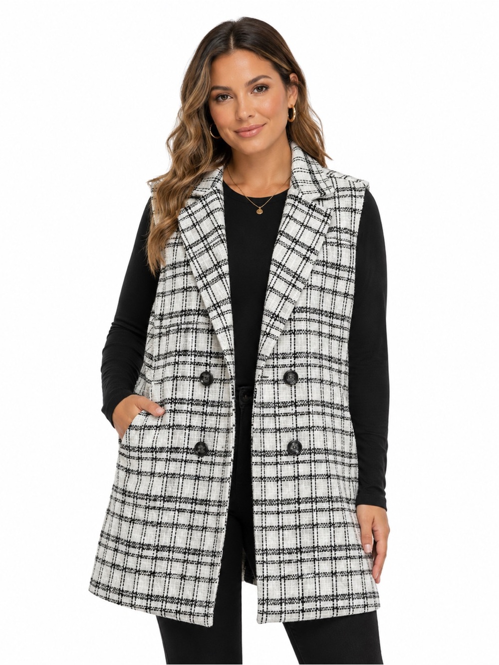Cavalini Classics Black White Plaid Tweed Sleeveless Blazer Vest 2X